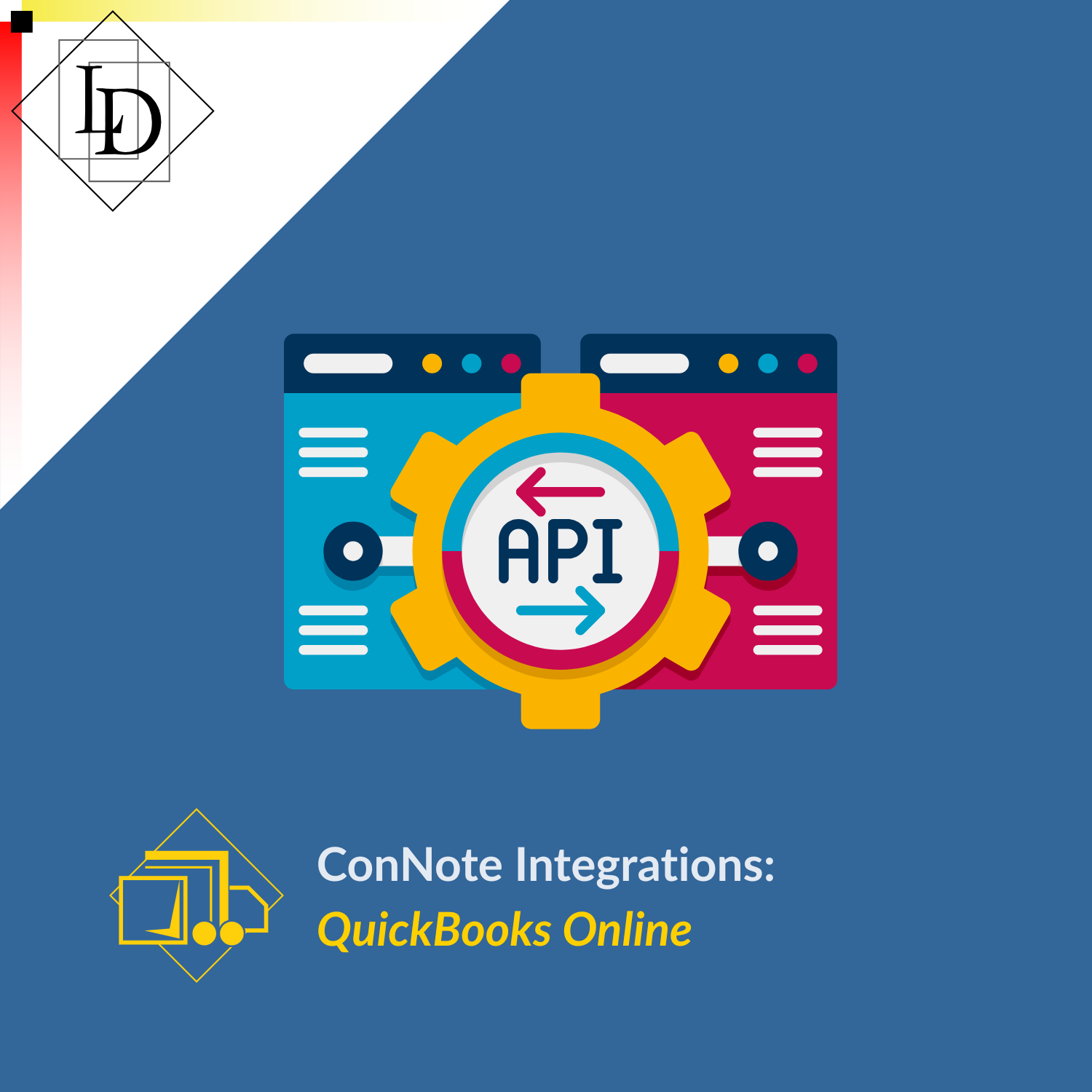 A graphic representing API integrations, with the ConNote logo and caption below. The caption reads, "ConNote Integrations: QuickBooks Online"